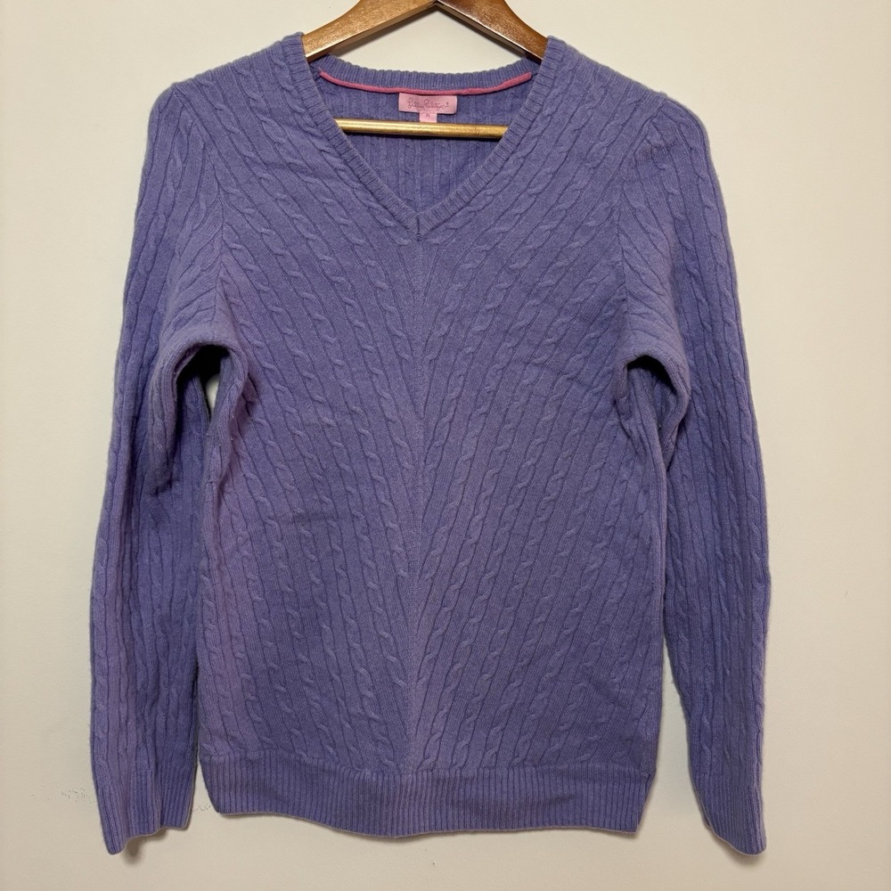 Lilly‎ Pulitzer V-Neck Cable Knit Sweater 100% Cashmere Preppy Womens XL Purple